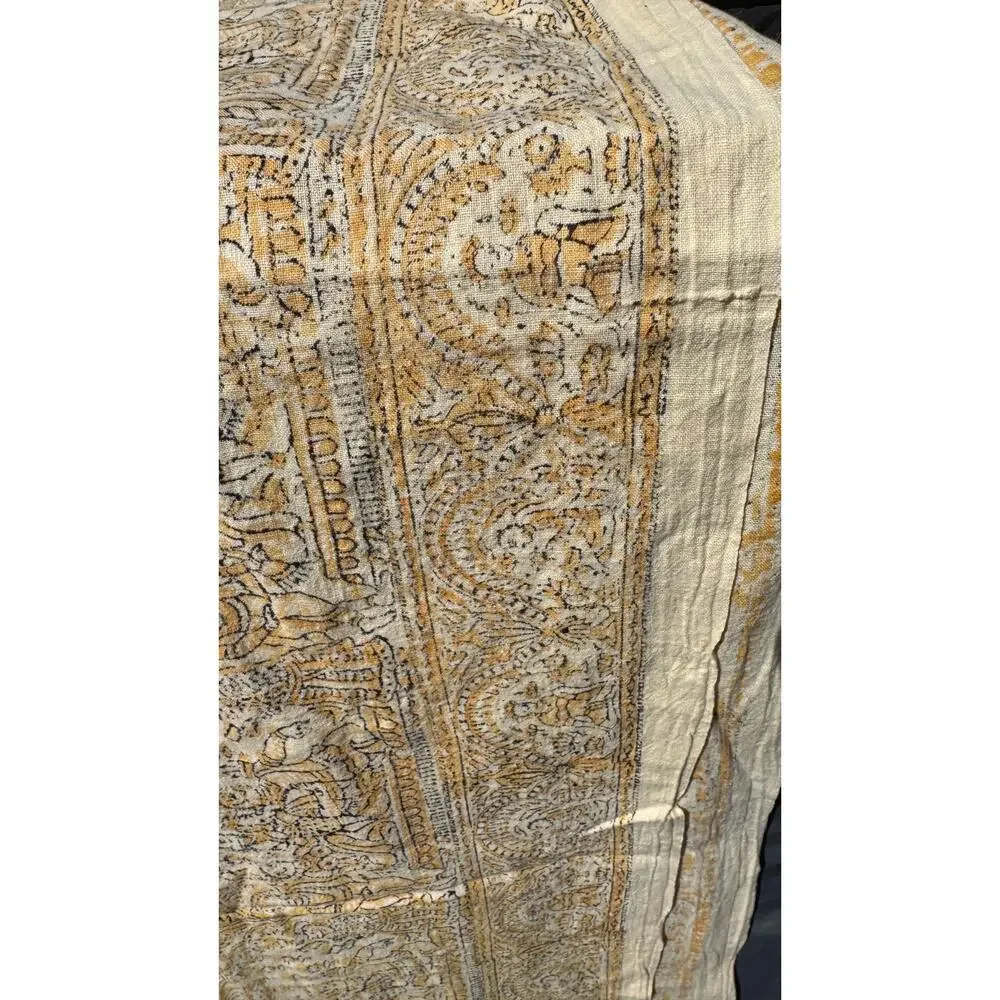 Handmade Cotton Kalamkari Block Print Elephant Tapestry Coverlet Queen Yellow